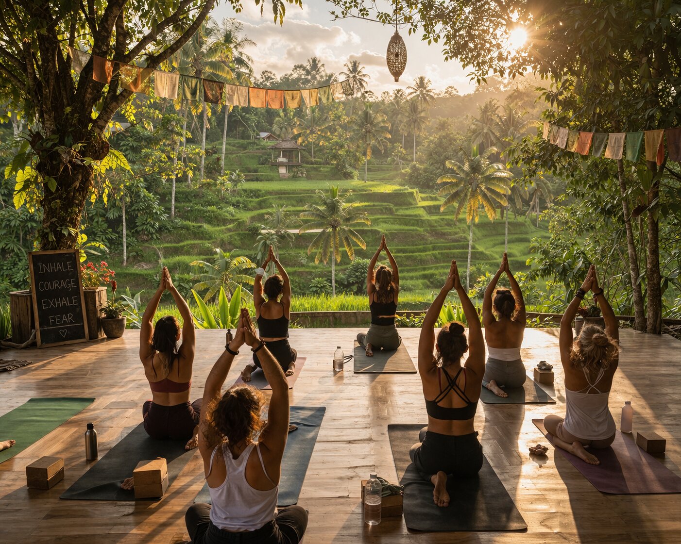 Yoga students in an outdoor practice session surrounded by Bali jungle