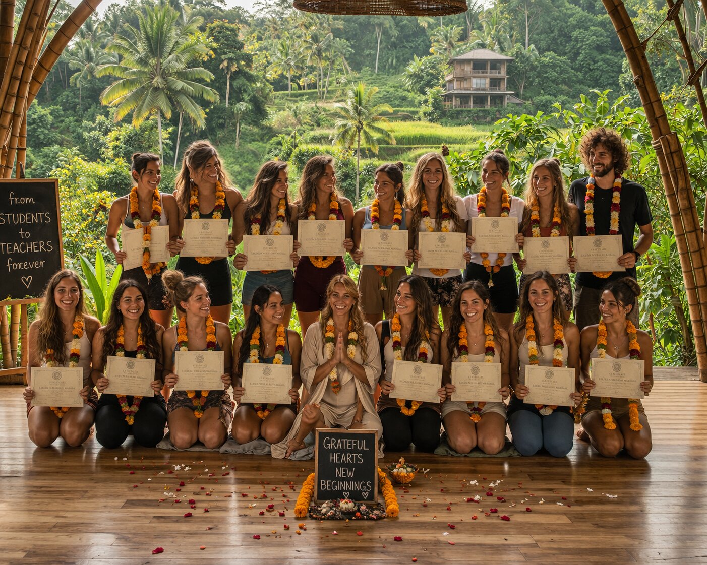 Yoga teacher training graduates celebrating together at a Bali school