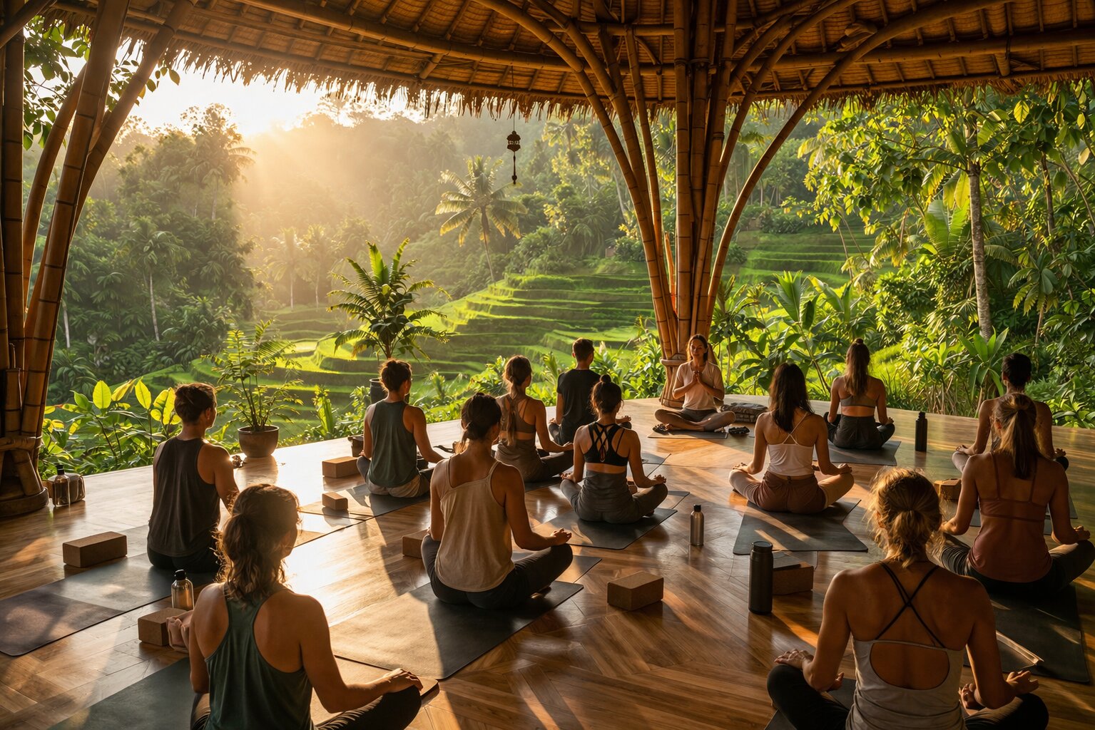 Students practicing yoga together in an open-air shala in Bali