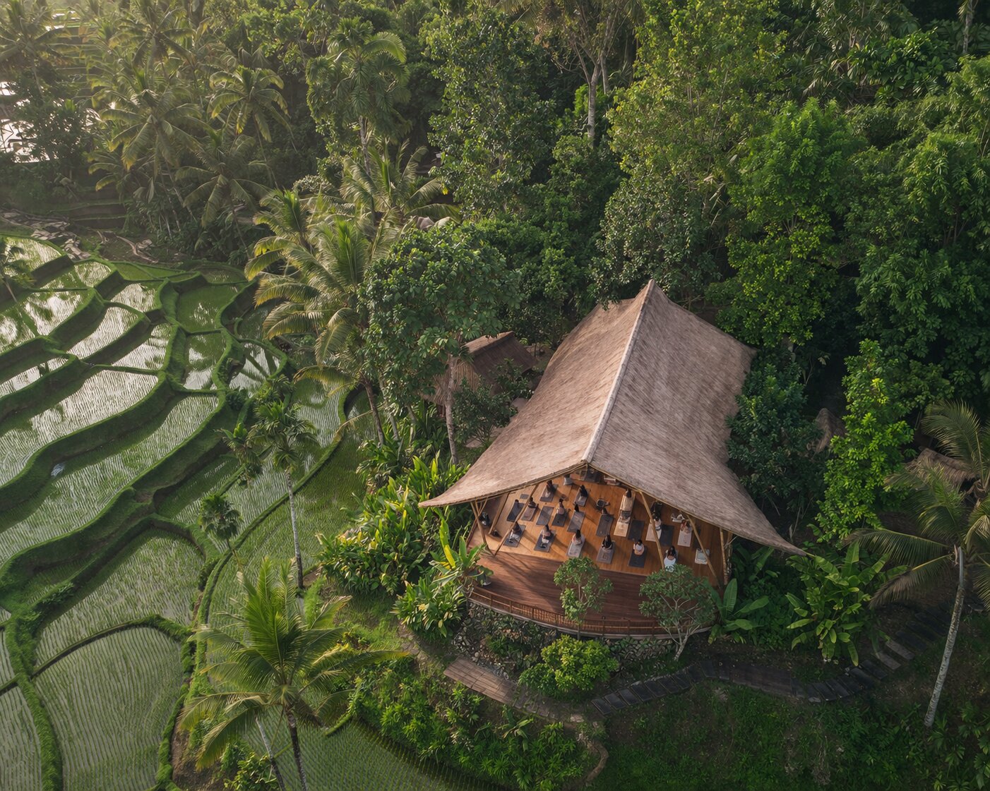 Aerial view of a yoga shala surrounded by Bali rice paddies and tropical jungle
