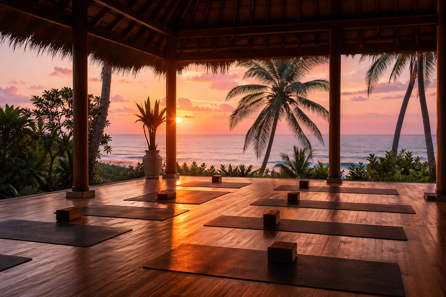 Beachfront yoga shala at sunrise in Bali, palm trees and ocean in the background