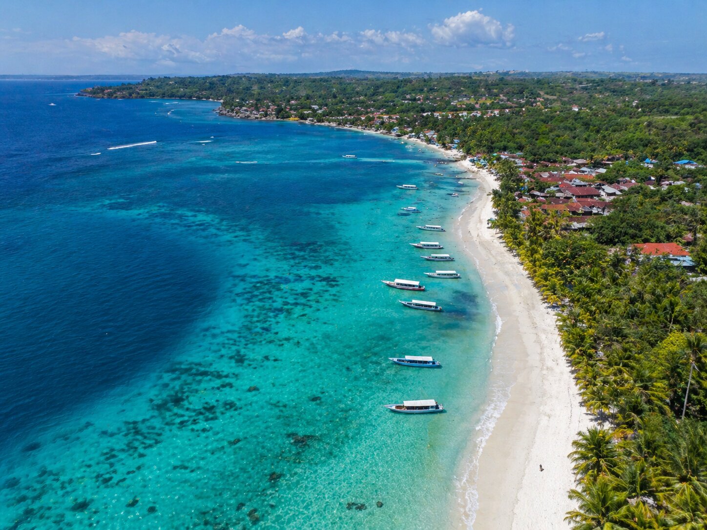 Aerial view of Nusa Lembongan turquoise water and coastline