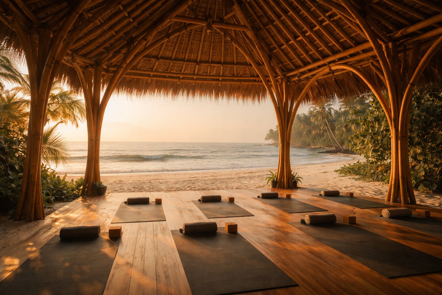 Beachfront yoga shala at sunrise on the coast of Bali