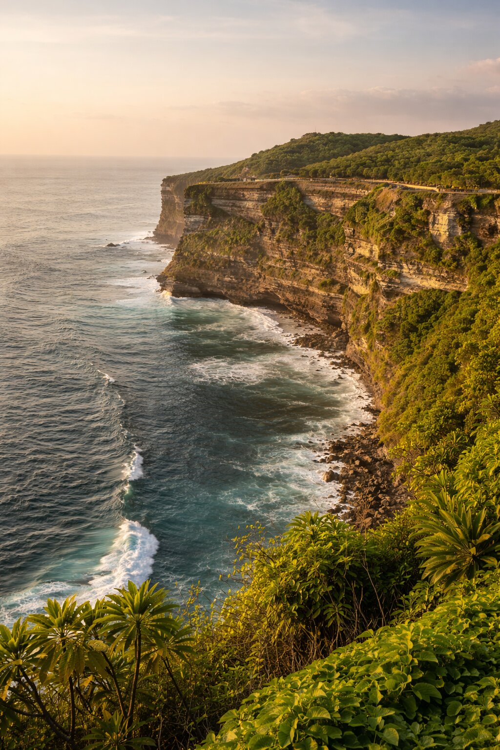 Uluwatu cliffs and Indian Ocean at golden hour